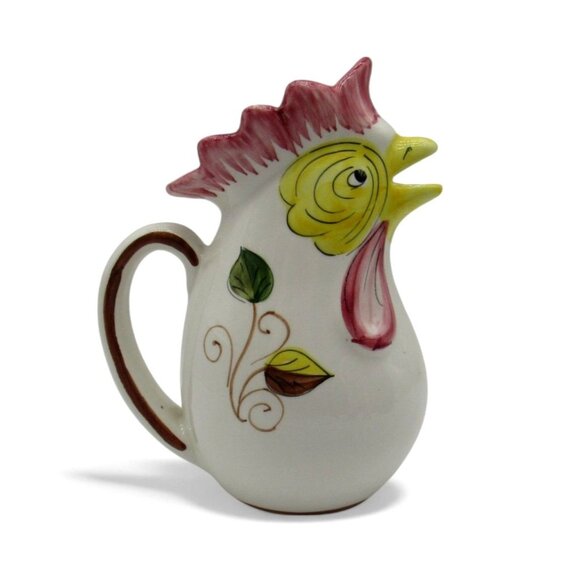 Italian ROOSTER PITCHER with Floral Design Italy Vintage 9" Tall - Picture 1 of 11